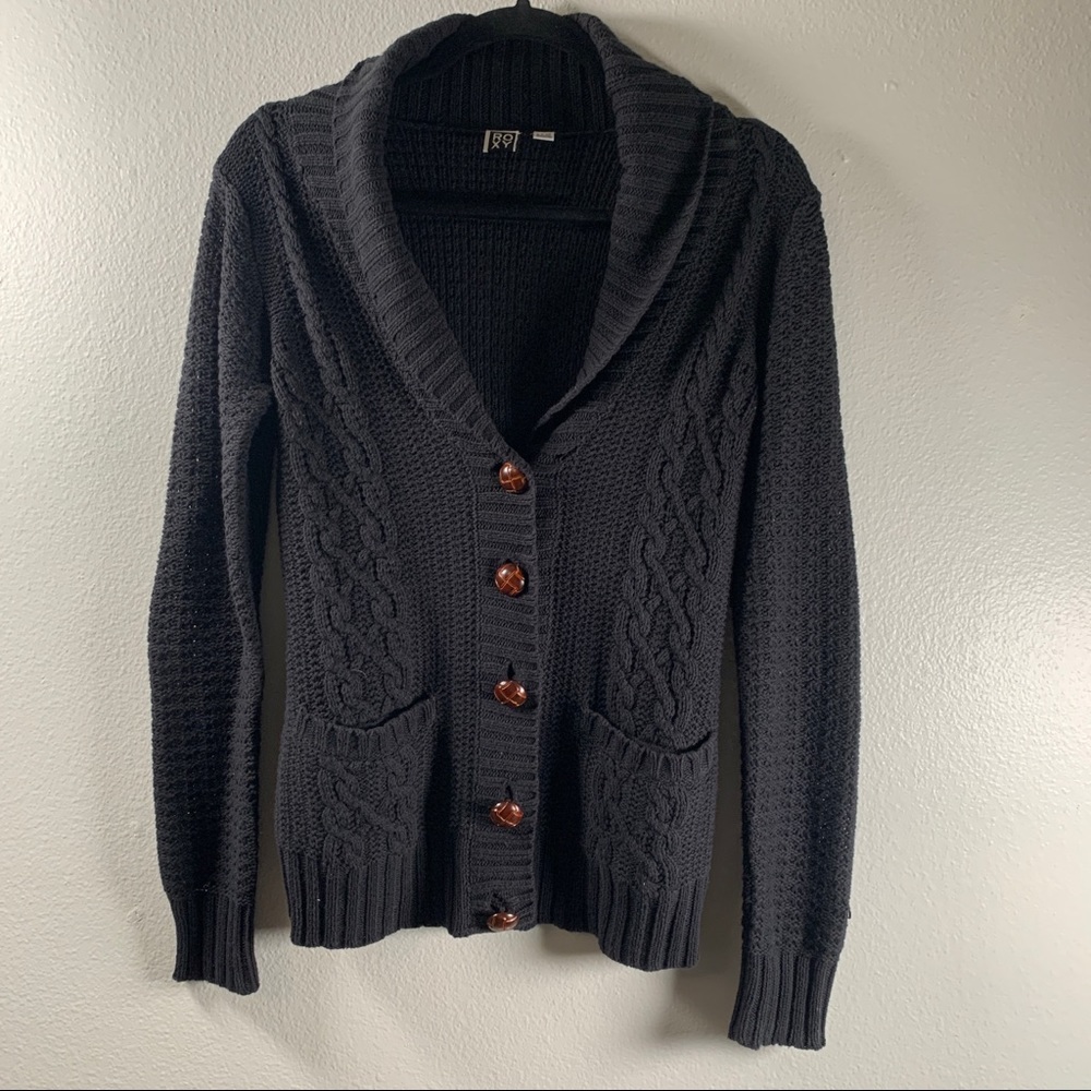 Roxy - black cable knit wood button cardigan - small
